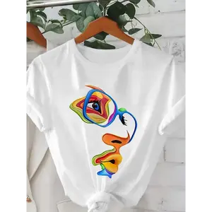 Women's Colorful Abstract Face Print Round Neck Tee, Fashion Casual Short Sleeve T-shirt for Daily Wear, Ladies Summer Clothes, Womenswear, Graphic Tees Women, Funny Graphic Tees