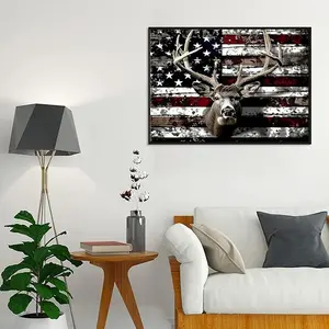 5D Full Drill Diamond Painting Kit, American Flag & Deer Head Art, Patriotic Hunting Theme DIY Wall Decor