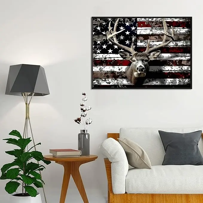 5D Full Drill Diamond Painting Kit, American Flag & Deer Head Art, Patriotic Hunting Theme DIY Wall Decor
