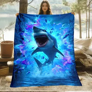 1pc Shark In Blue Explosion Printed Blanket - Shark-Themed Bedspread With Shark Patterns, Soft Warm Flannel Bed Cover, 3 Sizes (30x40in, 50x60in, 60x80in) Bed, Couch, Camping - Shark Lovers, Birthday Mother's Day Size 70x140cm/27. 56x55. 12 In