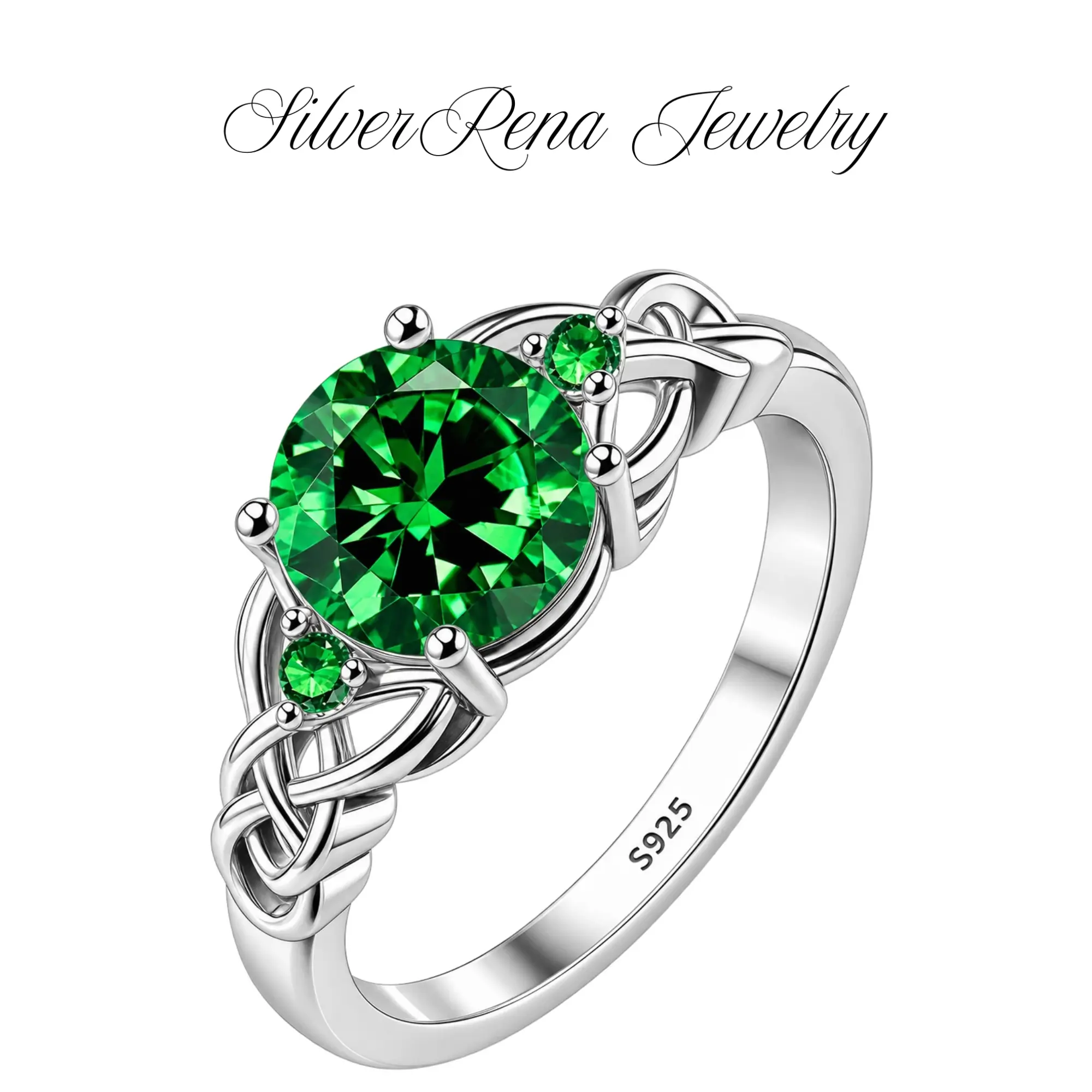 Women's 925 Sterling Silver Vintage Filigree Band Ring - Round Cut Green Cubic Zirconia, Celtic Knot Inspired, Emerald Color Gemstone Fine Jewelry for Special Events