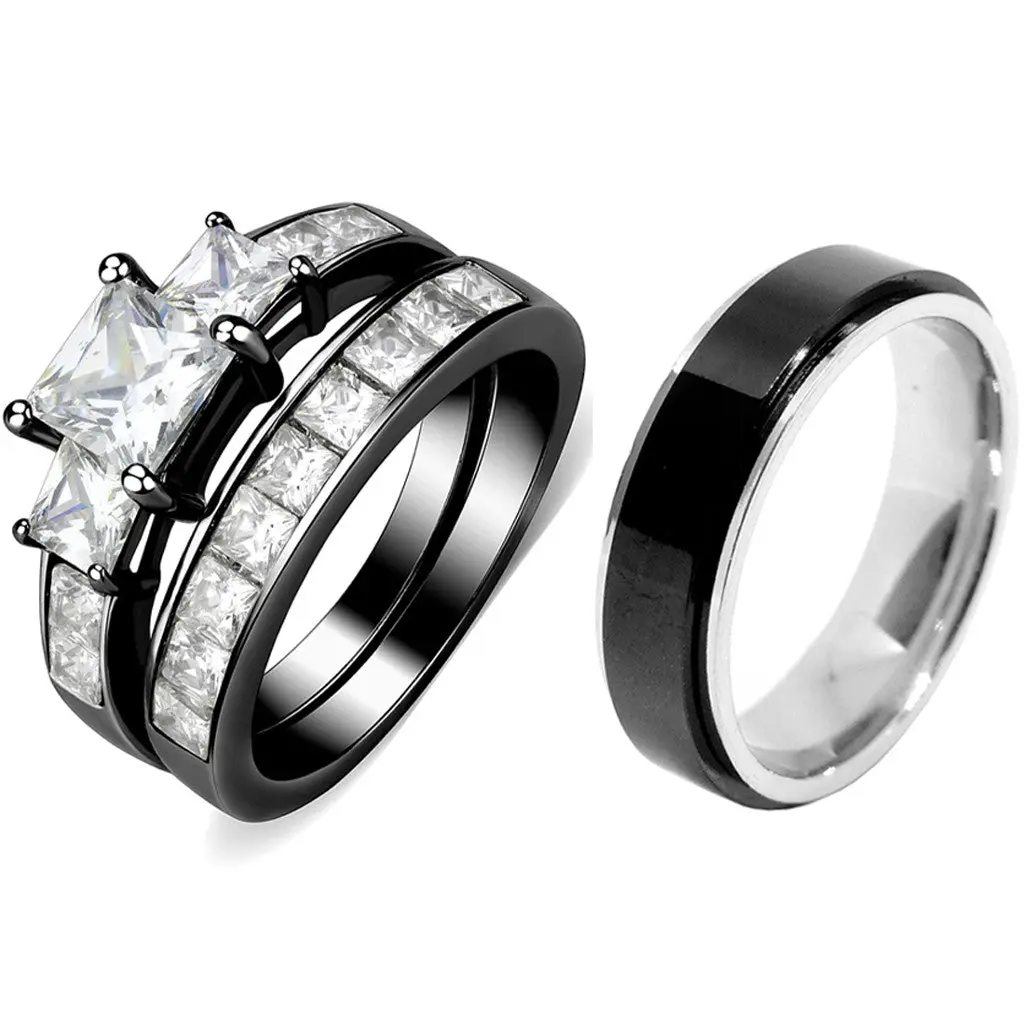 Couples Black Ring Set, Women's 3-Stone Princess CZ Engagement Ring, Men's 2-Tone Spinning Band, Engagement Rings