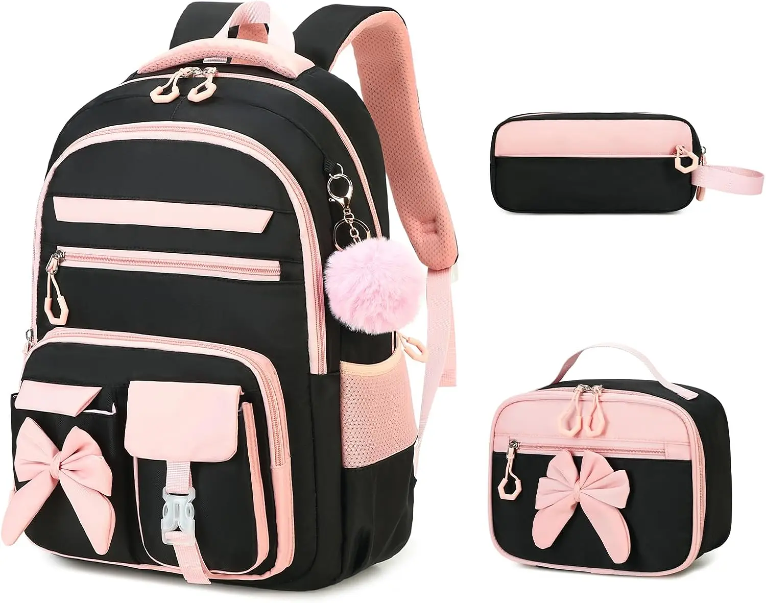 Cute Collegiate-Style Bow 3-Piece Backpack Set: Load-Reducing Shoulder Protector, Large-Capacity & Elementary-Junior High School Backpacks