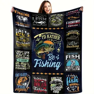 One Fishing-Themed Flannel Blanket Featuring Vibrant Fish Designs and Funny Sayings on A Black Backdrop, Perfect As A Modern Gift for Fishing Enthusiasts, Home Decoration, and Cozy Bedding