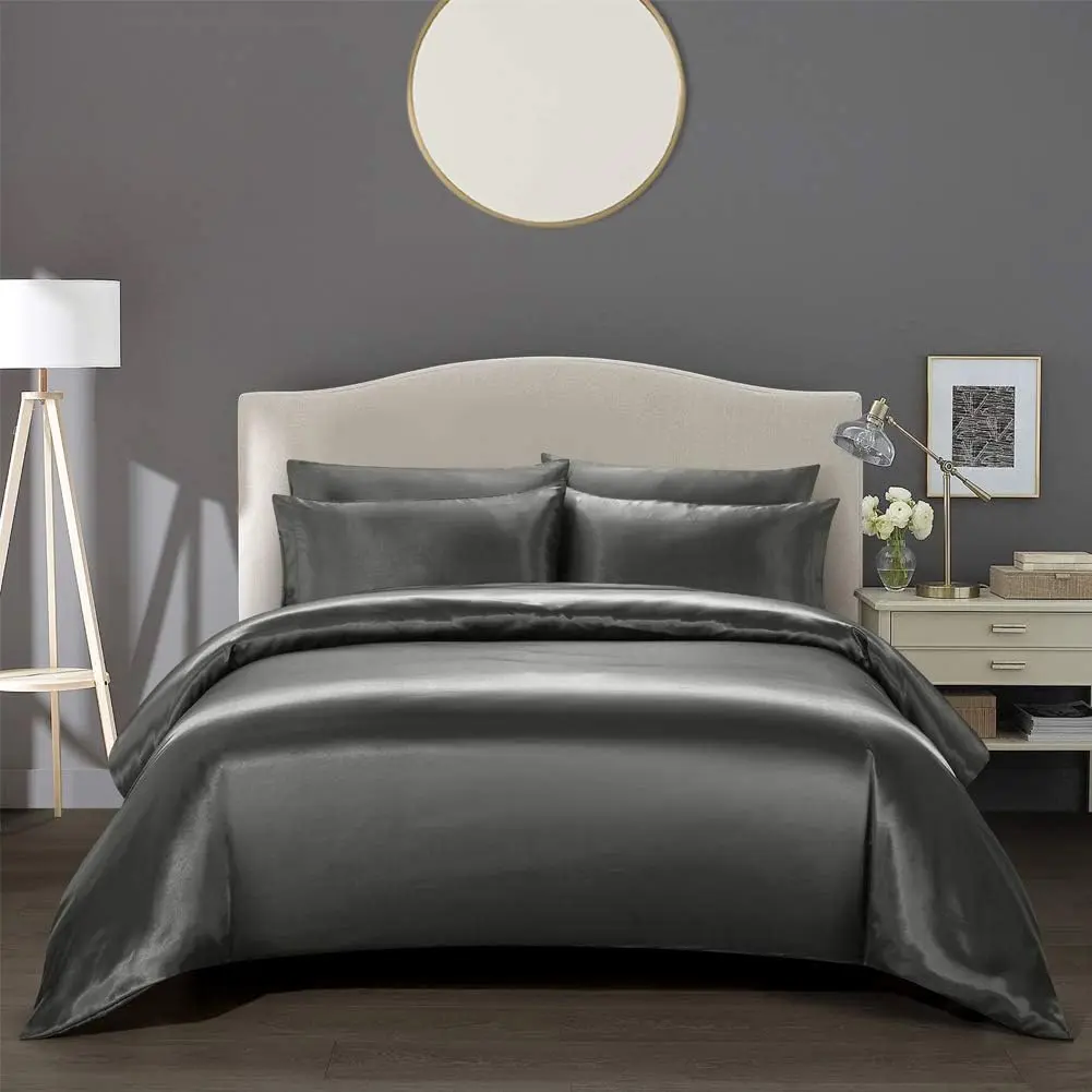 3  Satin Duvet Cover Set Bedding Sets Luxury Rich Silk Silky Super Soft Solid Color Reversible Stain-Resistant Wrinkle Free (, D-Grey)