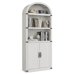 Garvee Vintage Bookcase with 5 Open Shelves and Doors – 182 cm High, Country House Design, Wood, Ideal for Home Office & Living Room, White, Ample Storage Space – 2-Door Model, Color: Antique White
