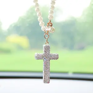 Fashion Cross Car Interior Decorative Rhinestone Rearview Mirror Accessory, Unique Car Hanging Ornament Gift, Stylish Car Accessories, Decoration, Car Hanger Ornament, Car Decorations Interior, Car Ornaments