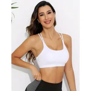 Women'S High-Elasticity Workout Bra with Cross-Back Straps, Spaghetti Straps, and Front Pockets - White, Adjustable & Breathable for Gym, Fitness, and CrossFit