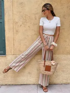 Women's Colorful Striped Glamine Vintage Low-Waist Wide-Leg Pants, Casual Slim Fit Loose Trousers, Comfortable Fashion Design