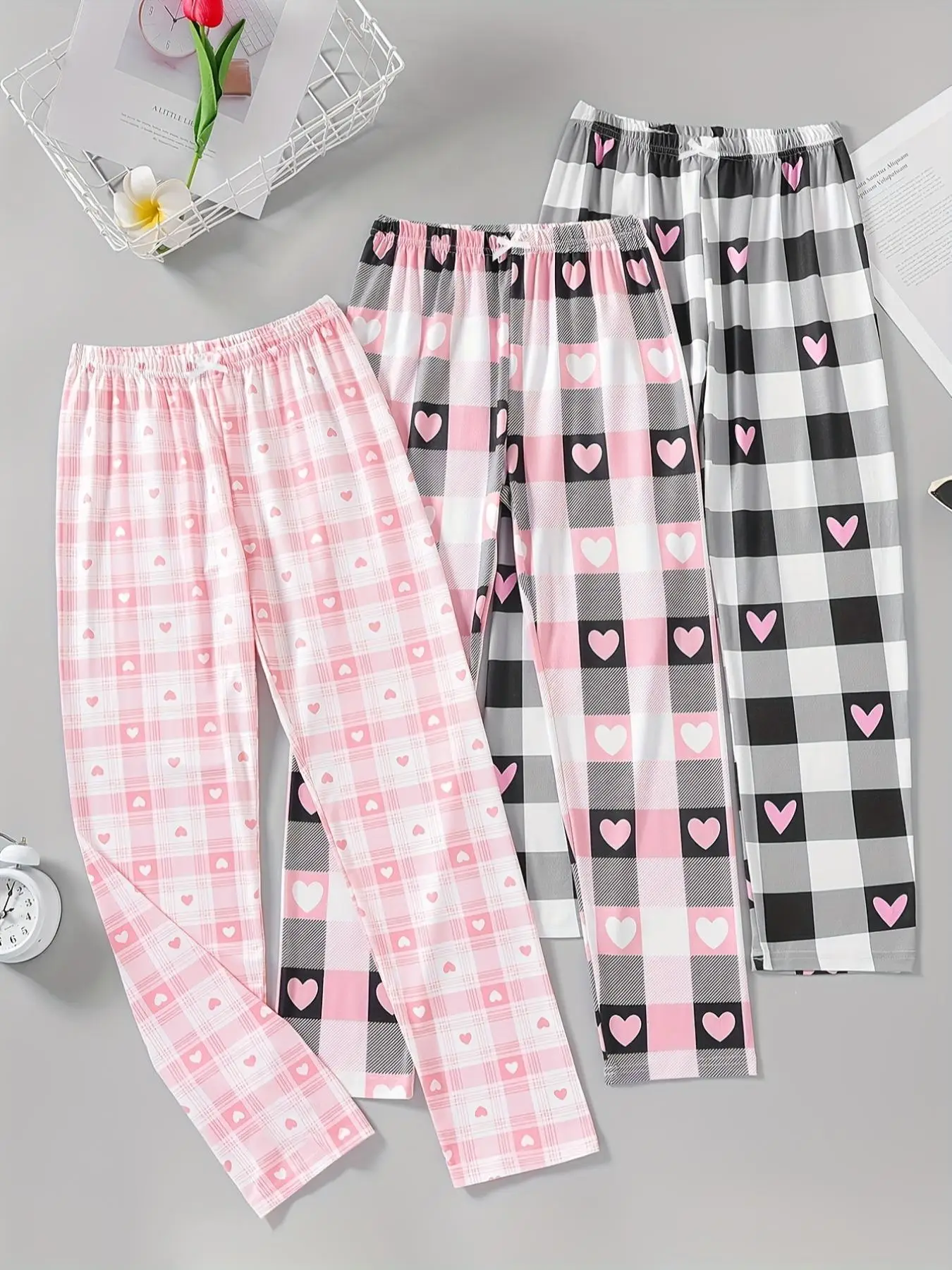 Girl's Plaid & Heart Print Bow Decor Pants, Casual Comfy Elastic Waist Straight Leg Trousers for Daily Wear, Kids Bottoms for All Seasons, Pajamas, El