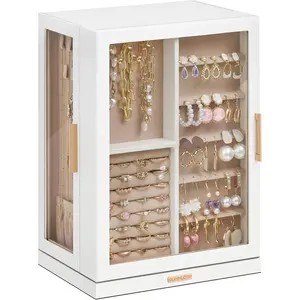 360° Rotating Jewelry Box with 7 Drawers, Spacious Vertical Jewelry Organizer with Glass Window, Dustproof & Moisture-resistant Jewelry Storage Case, White