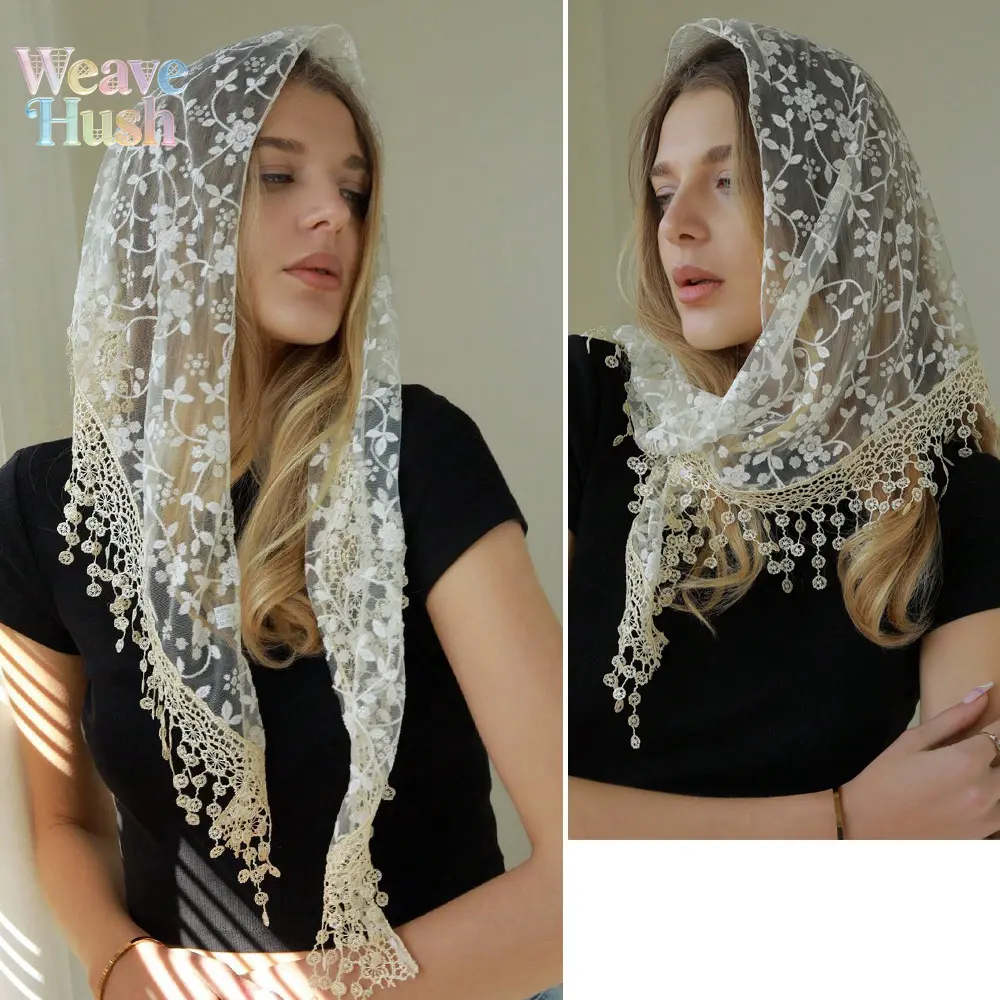 Bridal Veil, Elegant Floral Lace Triangle Scarf for Women, Soft All-Season Shawl for Church & Wedding Ceremony