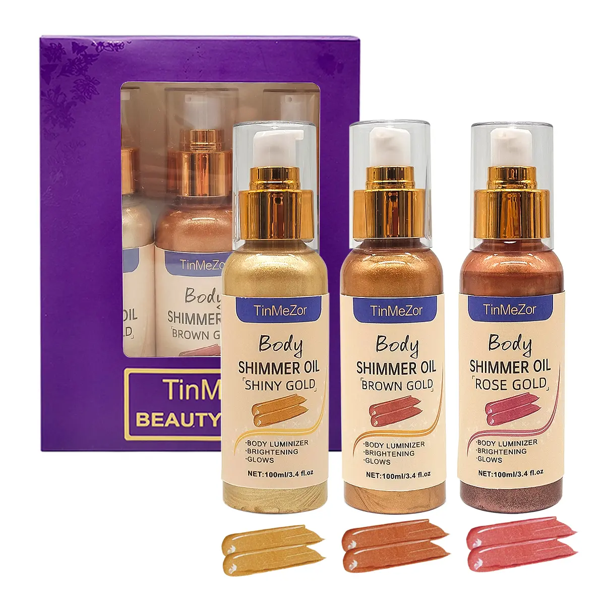 Body Shimmer Lotion,Shimmer Body Oil,Highlighter, Glitter Oil, Liquid illuminate Spray Waterproof Long Lasting Brown,Gold,Rose Gold color Gift Set (3 pcs in pack,300ml) Hydrate face paint Makeup Moisturizing face paint