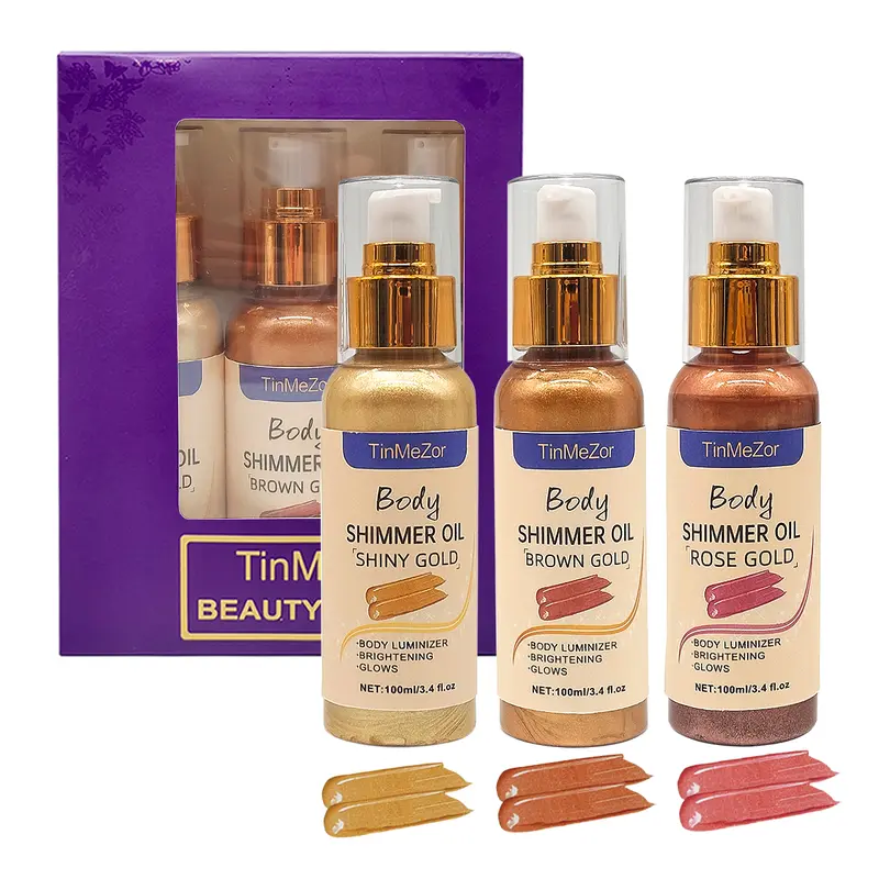 Body Shimmer Lotion,Shimmer Body Oil,Highlighter, Glitter Oil, Liquid illuminate Spray Waterproof Long Lasting Brown,Gold,Rose Gold color Gift Set (3 pcs in pack,300ml) Hydrate face paint Makeup Moisturizing face paint