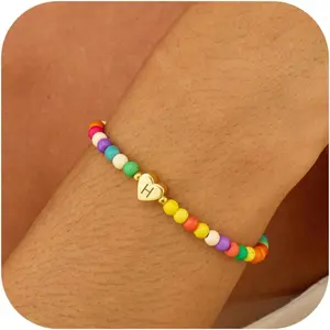Boho Initial Bracelet with Colorful Heishi Beads for Women, Dainty Personalized A-Z Letter Heart Charm, Cute Trendy Jewelry Gift, S