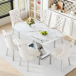 Dining Table Set for 6,Kitchen Table Chairs Set of 6,Rectangular Dining Table,63" White Tempered Glass Top with Adjustable Stainless Steel Base,Velvet Dining Chairs,Sliver Stainless Steel Legs,Suitable for Dining Room,Office