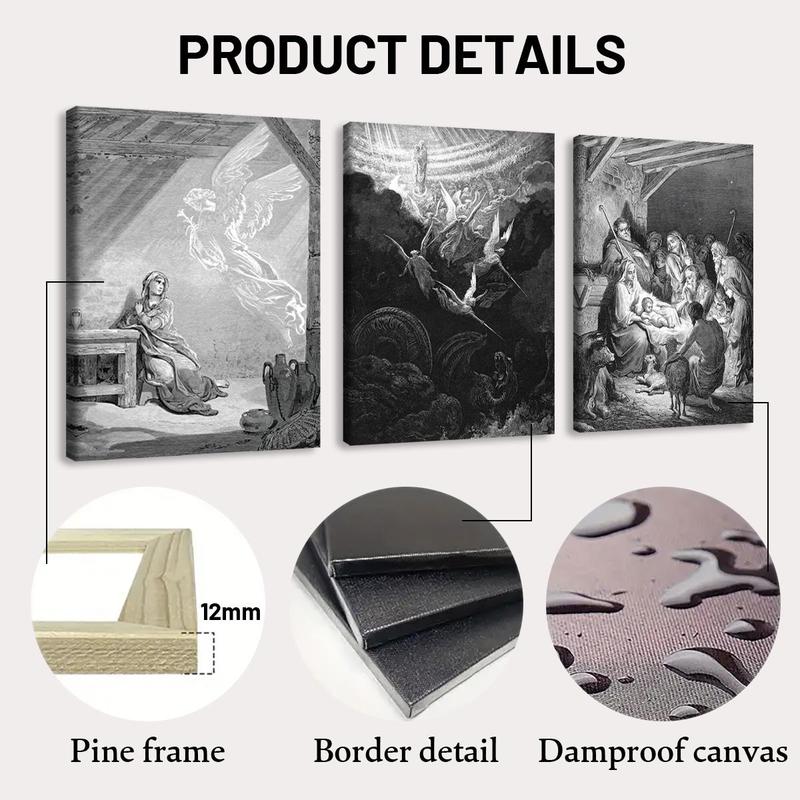 3 Counts Wooden Framed Canvas, Nativity Scene Angel Mary Jesus, Exquisite Poster, Perfect Living Room Decoration, Fashion Family Poster, Wall Art Decoration, Odorless, Waterproof, Artwork, Western Wall Art