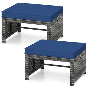 COSTWAY - 2 Pieces Patio PE Rattan Ottomans with Soft Zippered Cushions for Deck-Navy