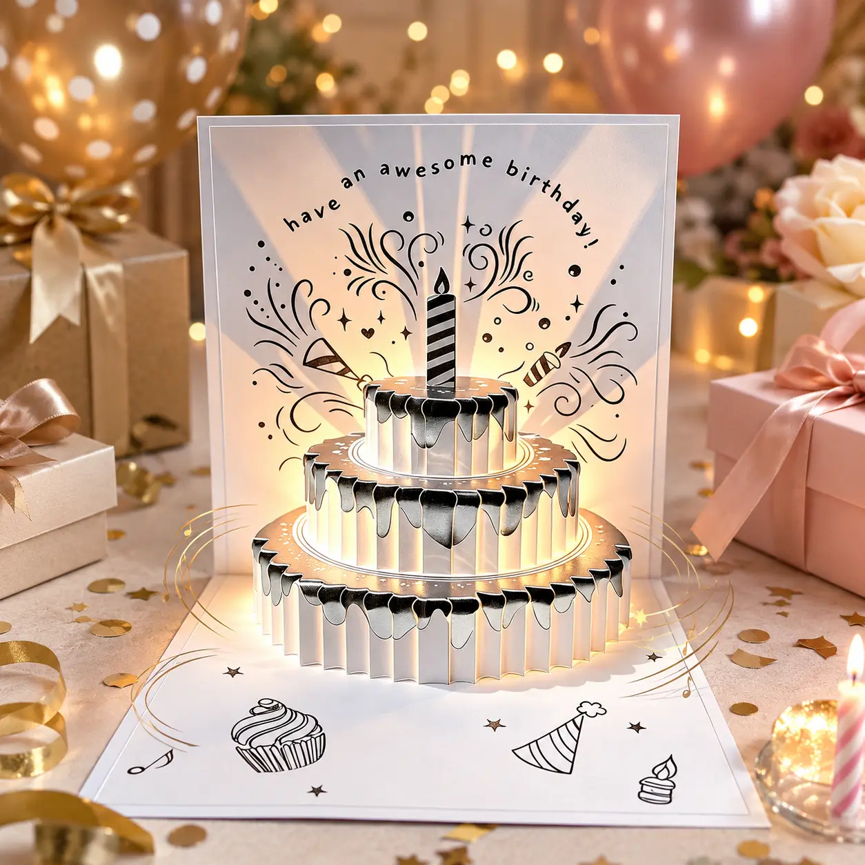3-Tier 3D Pop-up Glowing LED Light Birthday Greeting Card, Handmade Paper Craft Office Stationery, Decorative Surprise Meaningful Gift for Friends, Festive Party Decor Birthday Card for Boyfriends
