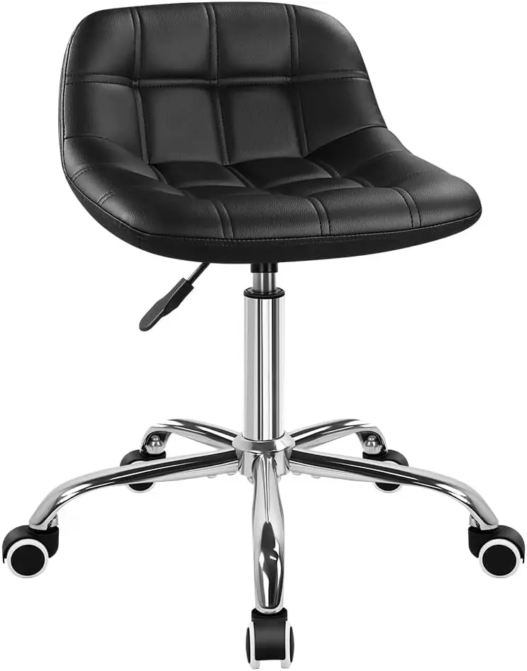 KKTONER Durable PU Leather Vanity Drafting Chair - 18.9-25" Height-Adjust, 360° Swivel, Backrest, Rolling Wheels, Easy Assembly for Spa, Coffee Shop, Computer Desk (Black, Sponge-Infused)