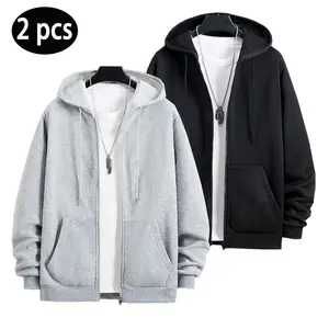 2pcs Men's Solid Color Drawstring Hooded Jacket with Large Pockets, Fleece Material Suitable for Autumn and Winter Wear