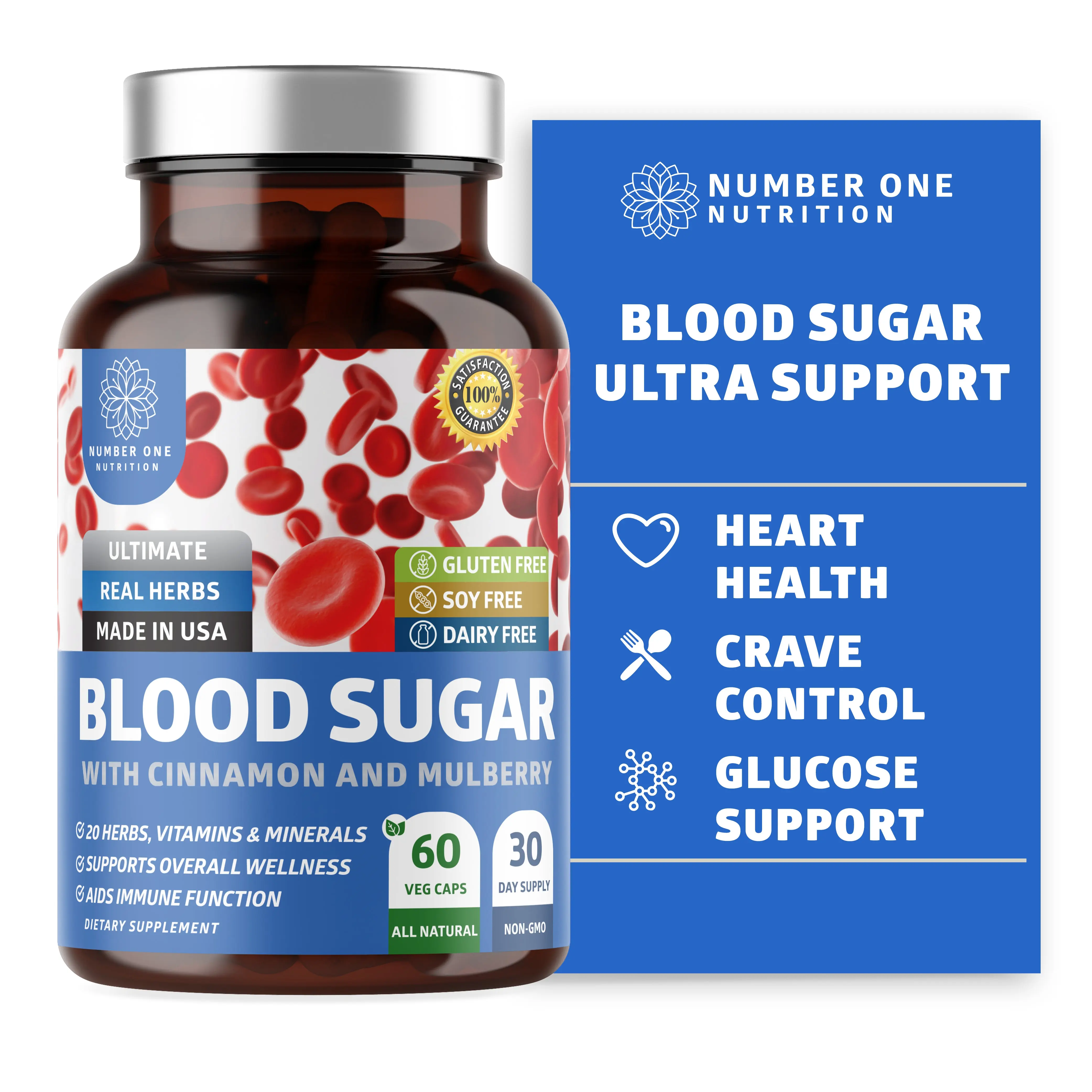 Number One Nutrition Blood Sugar Ultra Support - 60 Veg Capsules for Heart Health & Glucose Control - All Natural Formula with Cinnamon & Mulberry - Made in USA