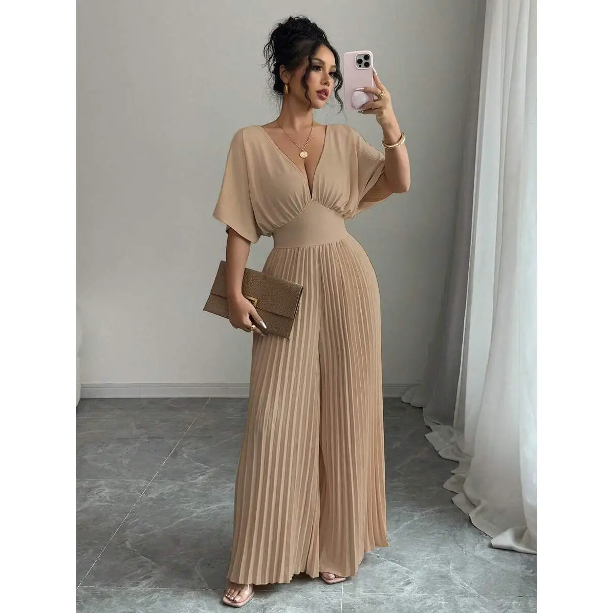 Women's Solid Color Elegant Jumpsuit - Deep V-Neck, Batwing Sleeves & Pleated Details, for Sophisticated Occasions Fabric Fit