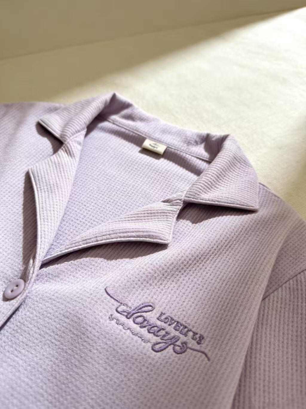Cute Lavender Waffle Knit Pajama Set for Women  Long Sleeve Button Down Loungewear Sleep Set