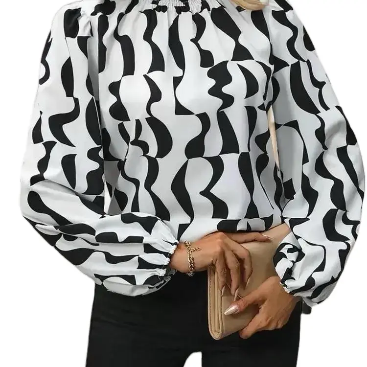 Women's Chevron Wrinkle High Neck Mock Long Sleeve Blouse - Top Shirts Shirts Top Womenswear Women Comfort Longsleeves Casual Aesthetic long  sleeve  shirt  women Breathable Chic