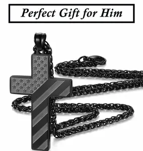 Necklace - Cross Pendant with Bible Verse & American Flag Pendant Stainless Steel Men's Jewelry Gift Faith-Inspired Bold Patriotic Chain for Him Perfect Gift for Him