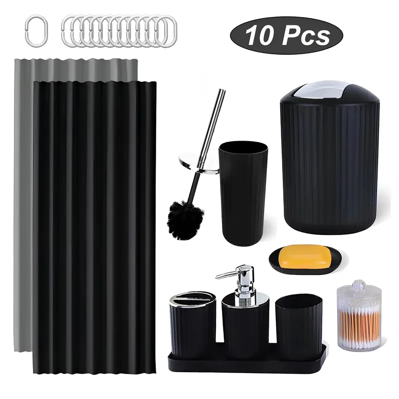 Bathroom Accessories Set, 10Pcs Bathroom Set - Waterproof Shower Curtain Set with Hook (71"*71"), Toothbrush Cup/Holder, Soap Dispenser, Soap Dish, Toilet Brush, Qtip Holder & Trash Can