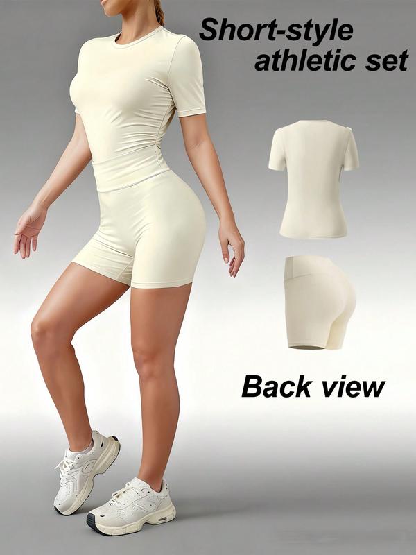 2 Piece Set Of Women's Solid Color Round Neck T-Shirt, High Waisted Cycling Shorts Sports Suit, Tight Short