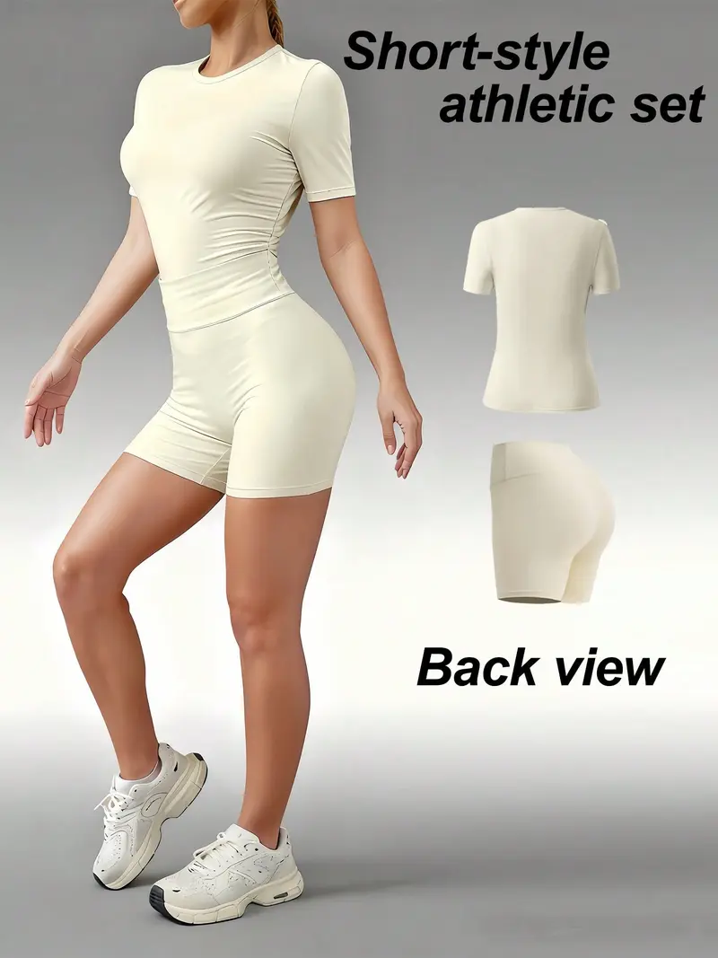 2 Piece Set Of Women's Solid Color Round Neck T-Shirt, High Waisted Cycling Shorts Sports Suit, Tight Short