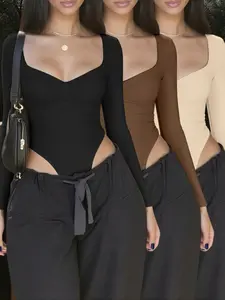 Women's 3-Piece Fall Winter Fashion Set, Plain Color Chest Ruched Decor, Comfortable Versatile Long Sleeve Fitted Jumpsuit, Casual Wear, Bodysuit