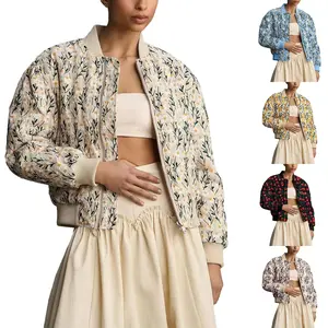 UANEO Women's Embroidered Daisy Cropped Bomber Jacket - Quilted Puffer Coat with Zipper Closure & Side Pockets - Casual Cotton Outerwear