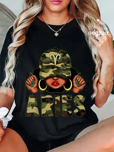 100% Cotton Unisex Aries Queen Black Woman With Cap Camo Afro Girl Zodiac T-Shirt