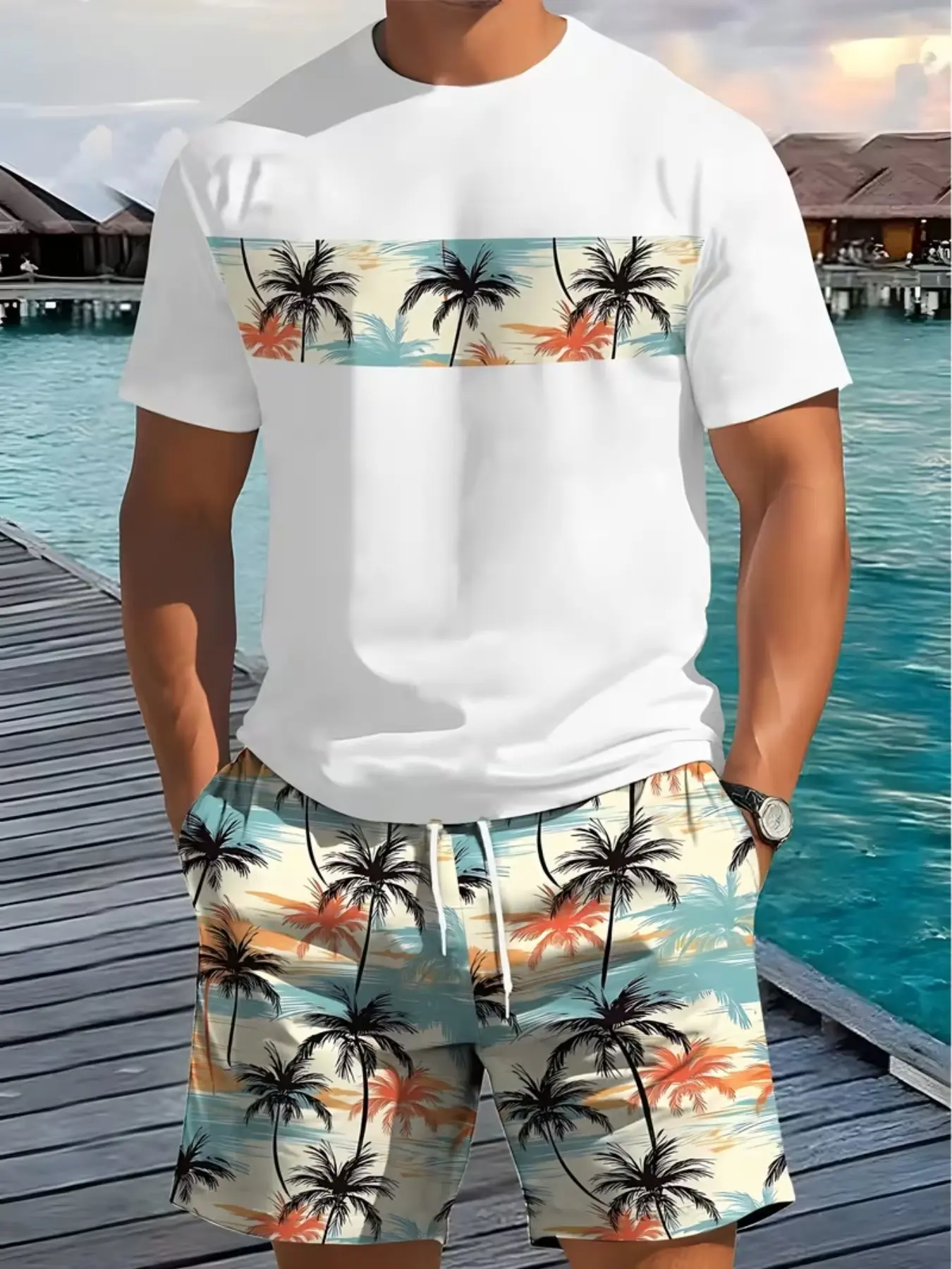 Men's Printed Short Sleeve T-Shirt + Shorts Set, Casual Sportswear, Breathable Outdoor Leisure, Summer Tropical Geometric 3D Print, Adult Men, Menswear