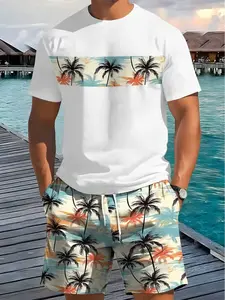 Men's Printed Short Sleeve T-Shirt + Shorts Set, Casual Sportswear, Breathable Outdoor Leisure, Summer Tropical Geometric 3D Print, Adult Men, Menswear