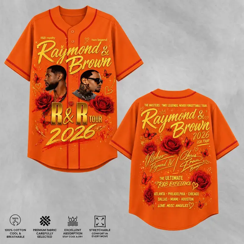 Raymond & Brown R&B Tour Baseball Jersey 2026  Orange Concert Shirt, Music Fan Merch, Sportswear Jersey, Streetwear Outfit & Festival Gift