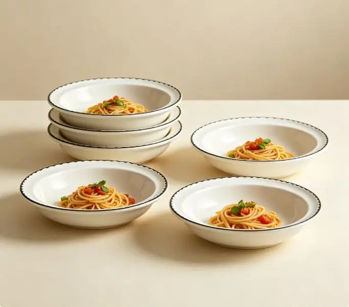 6-Piece 8-in Ceramic Deep Plate Set, Black-Trimmed White Contrasting Disc Dining Table Utensils, Durable Multifunctional Kitchenware for Salads, Pasta