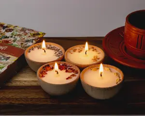 Set of Four Aromatherapy Soy Candles | One Ounce All-Natural Soy Wax Tea Candle with Dried Flowers | Essential Oil Infused | Toxin Free | Halloween Candles, Christmas Candles, Trendy Gift