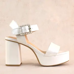 Macey Satin Block Platform Heels with Pearls