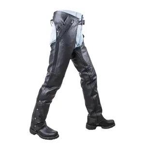 Black Multi-Pocket Premium Cowhide Leather Chaps with Mesh Lining & Zipper  All Seasons