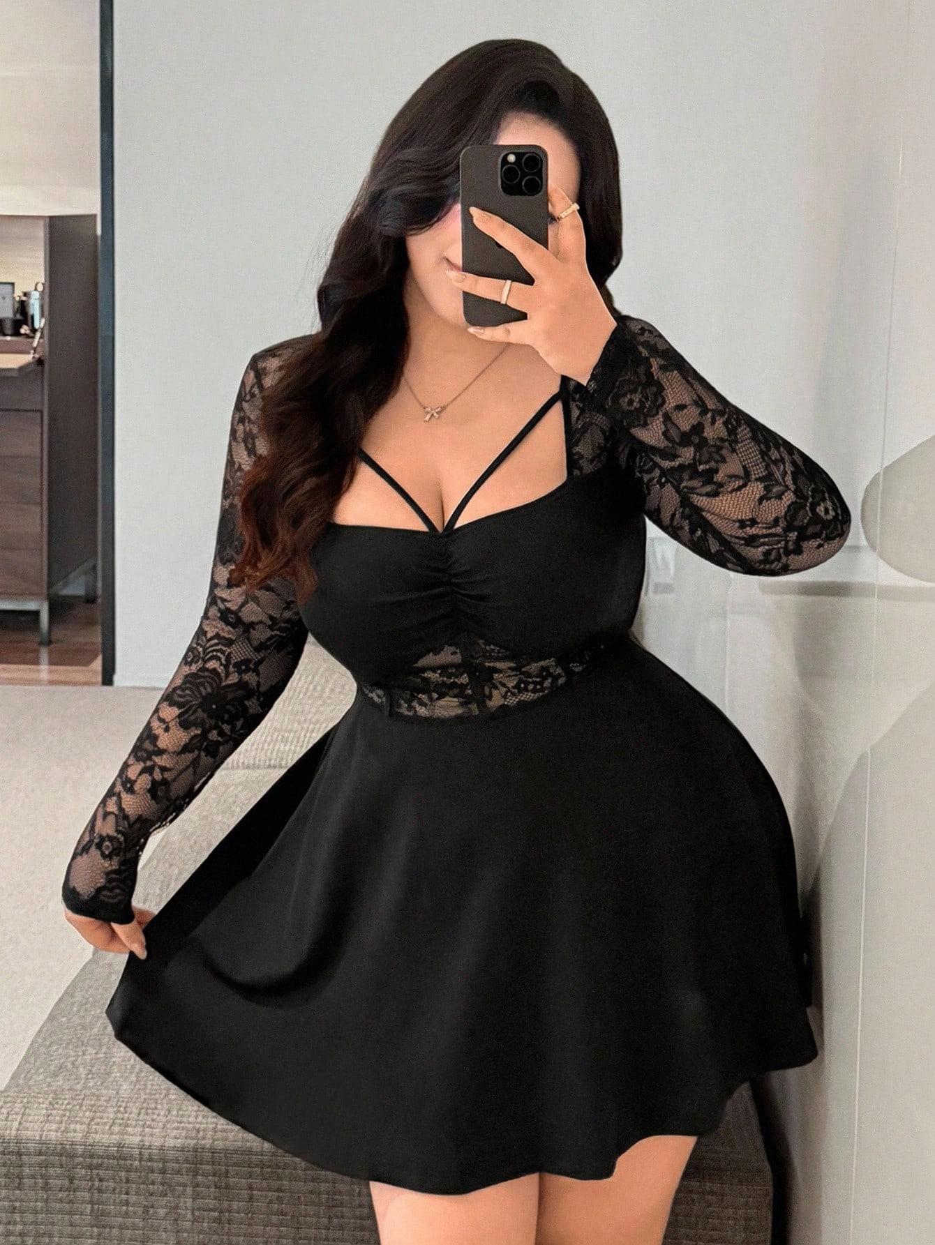 Vibekara Vibekara Plus Size Women's Sexy Black Party Lace Patchwork A-Line Long Sleeve Ruched Bust Vibekara Vibekara Plus Size Women's Sexy Black Party Lace Patchwork A-Line Long Sleeve Ruched Bust
