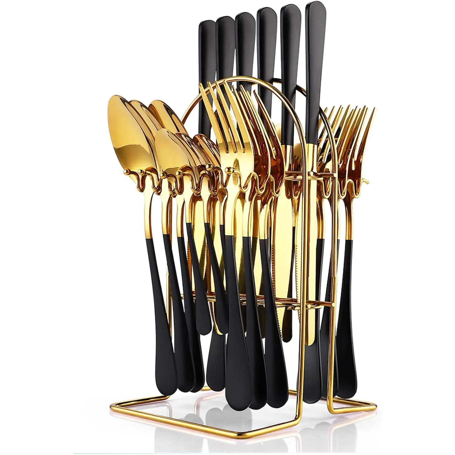 Stylish 24-Piece Metal Cutlery Set, Stainless Steel Flatware with Silverware Holder, Service for 6, Gold Mirror Polished & Blush Pink Painted (Black) – Coffee Rack Compatible
