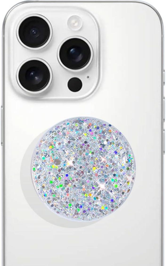 Extendable phone stand with transparent, sparkling starry crystal (starry silver), suitable for foldable phones and tablets.