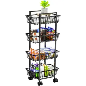 4-Tier Rolling Fruit and Vegetable Basket Cart, Wheeled Metal Wire Kitchen Storage Organizer for Bread, Onions, Potatoes, Black Racks