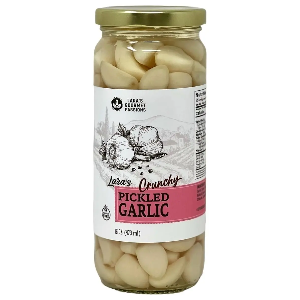 Lara's Pickled Garlic Cloves in Jar (16 fl oz) - Crunchy and Mild Flavor - Long Shelf Life - Canned Garlic