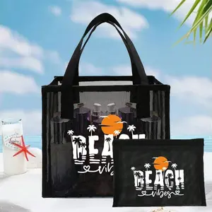 Black Mesh Beach Bag，Black Transparent Mesh Double Handle Tote Bag And Cosmetic Bag, Mesh Beach Tote Bag with "Beach" Letter Print , Women'S Mesh Square Bag, Large Capacity, Multi-Functional Travel Portable Bag, Skin Care Storage Toiletries Bag