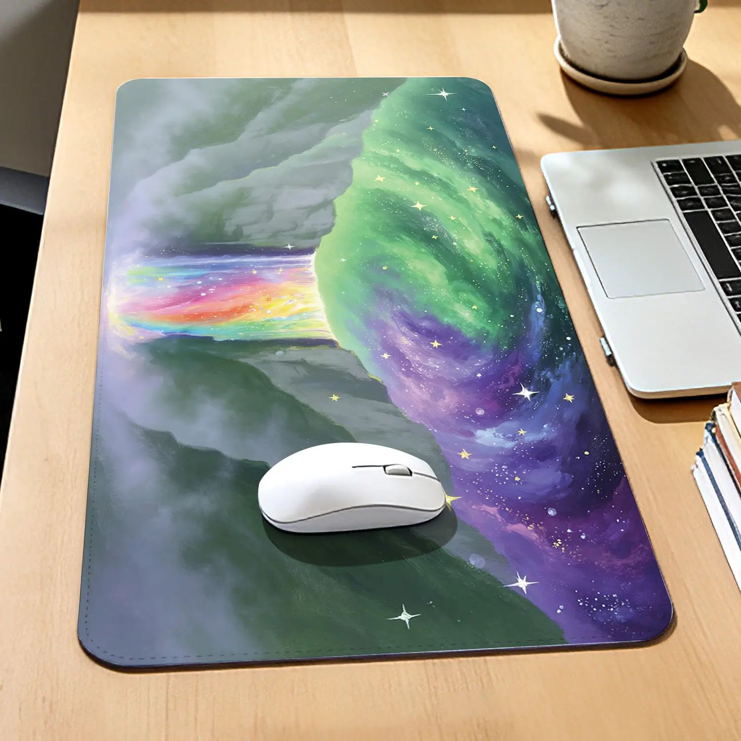 Galaxy Print Mouse Pad, 40x80cm Rectangular Mat with Stitched Edges, Premium Dreamy Galaxy Sky & Rainbow Waterfall Illustration, Non-Slip Rubber Base, Precision Control for Office & Gaming Users